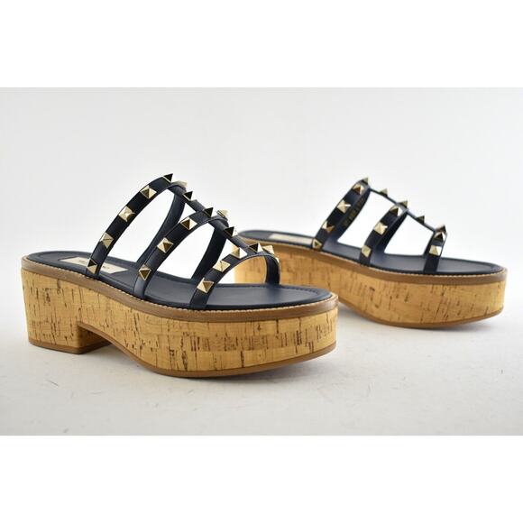 Valentino Rockstud Blue Cork Platform Mule Slide Sandal Block Heel Wedge 35.5 - Picture 3 of 9